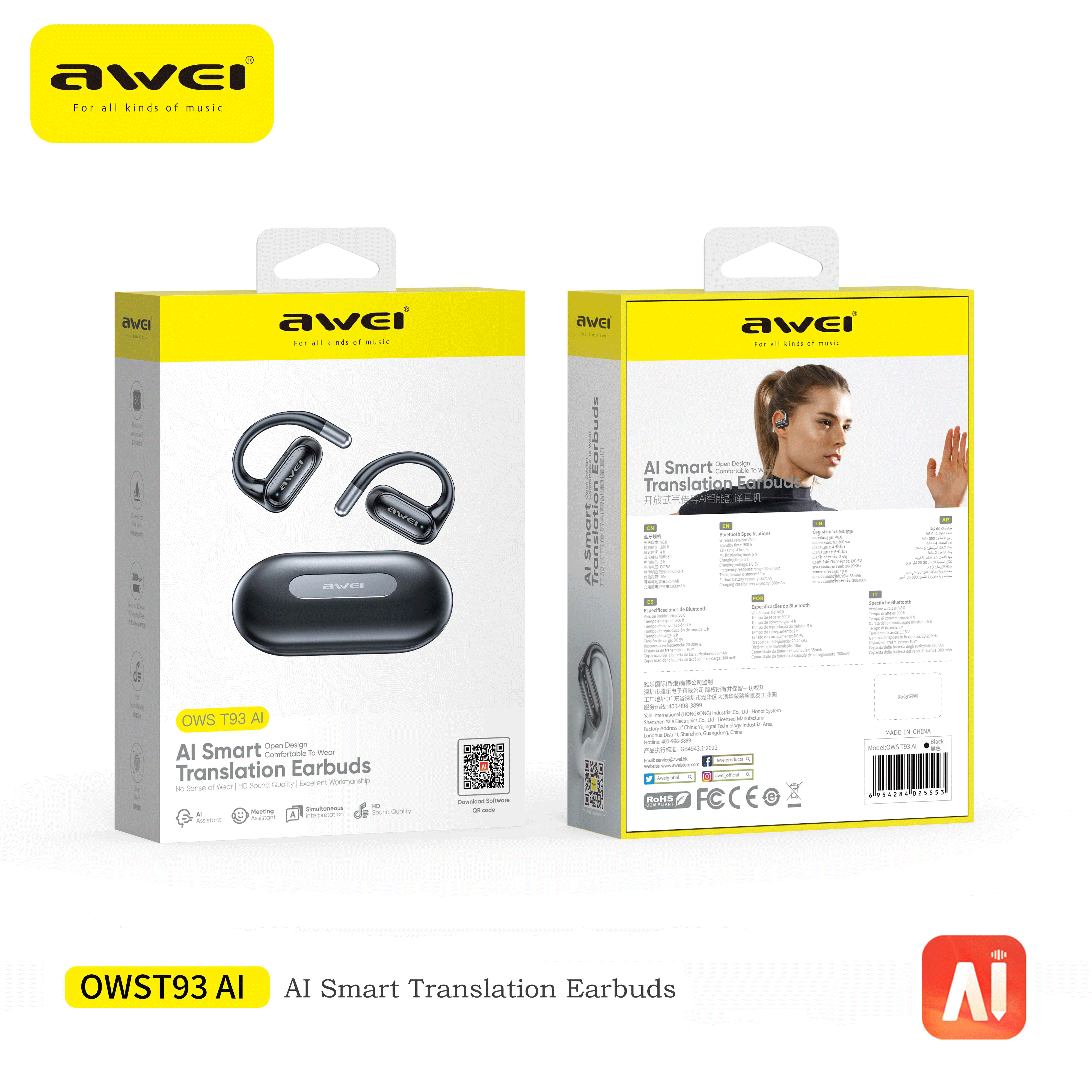Fones de ouvido AWEI T93 (IA, OWS, condução de ar, esportivos)