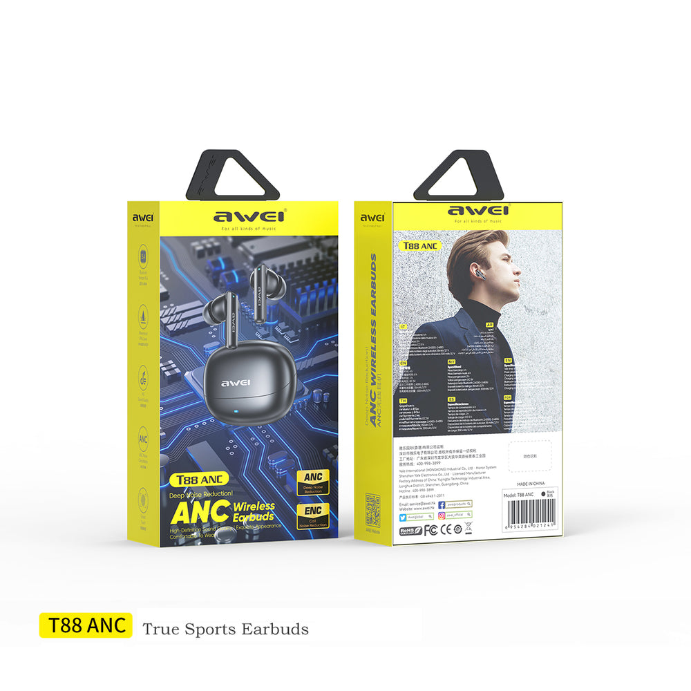 Fones de ouvido AWEI T88 ANC (TWS, baixa latência, cancelamento de ruído duplo com ENC)