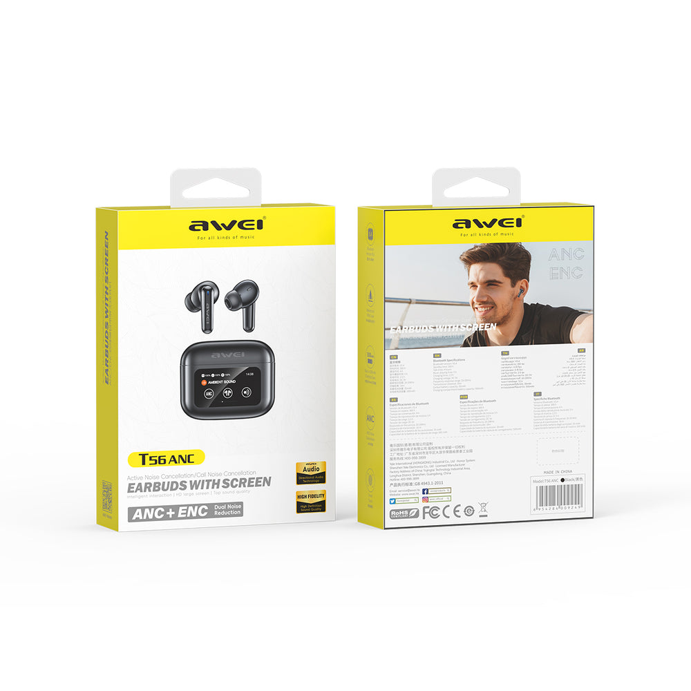 Fone de ouvido Bluetooth AWEI T56ANC com tela colorida sensível ao toque