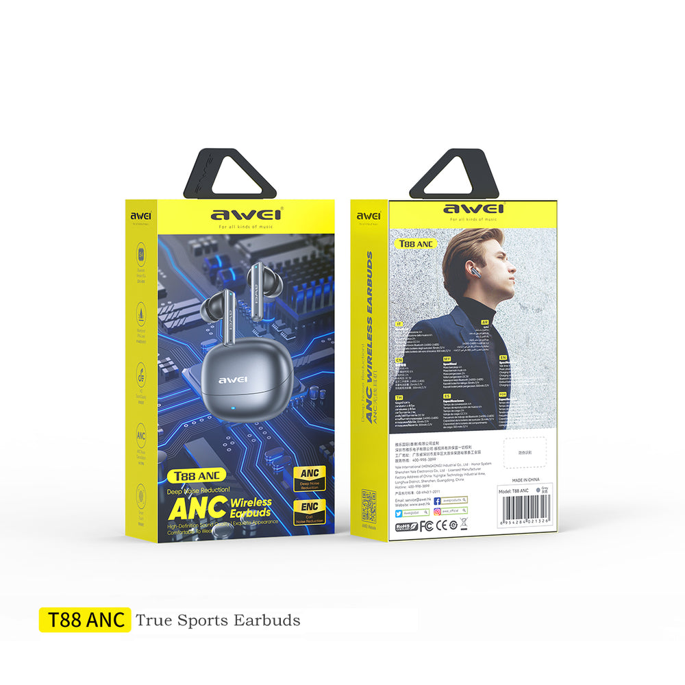Fones de ouvido AWEI T88 ANC (TWS, baixa latência, cancelamento de ruído duplo com ENC)
