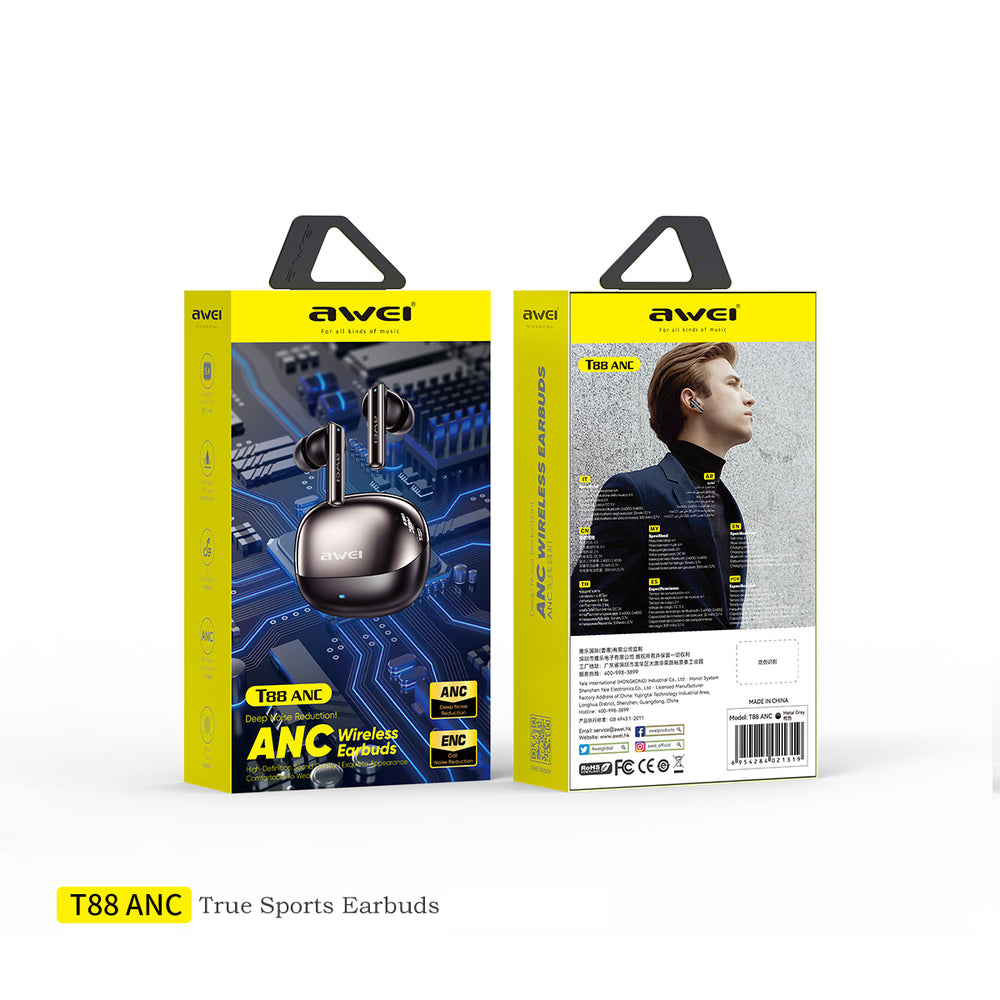 Fones de ouvido AWEI T88 ANC (TWS, baixa latência, cancelamento de ruído duplo com ENC)