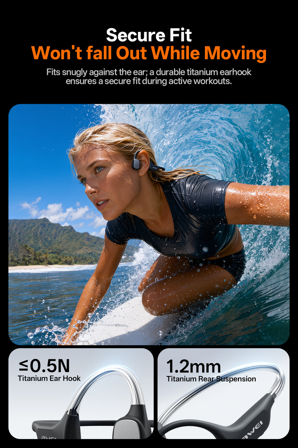 Fones de ouvido Awei Aeroswim S100 (32GB, à prova d'água IP68 para natação)
