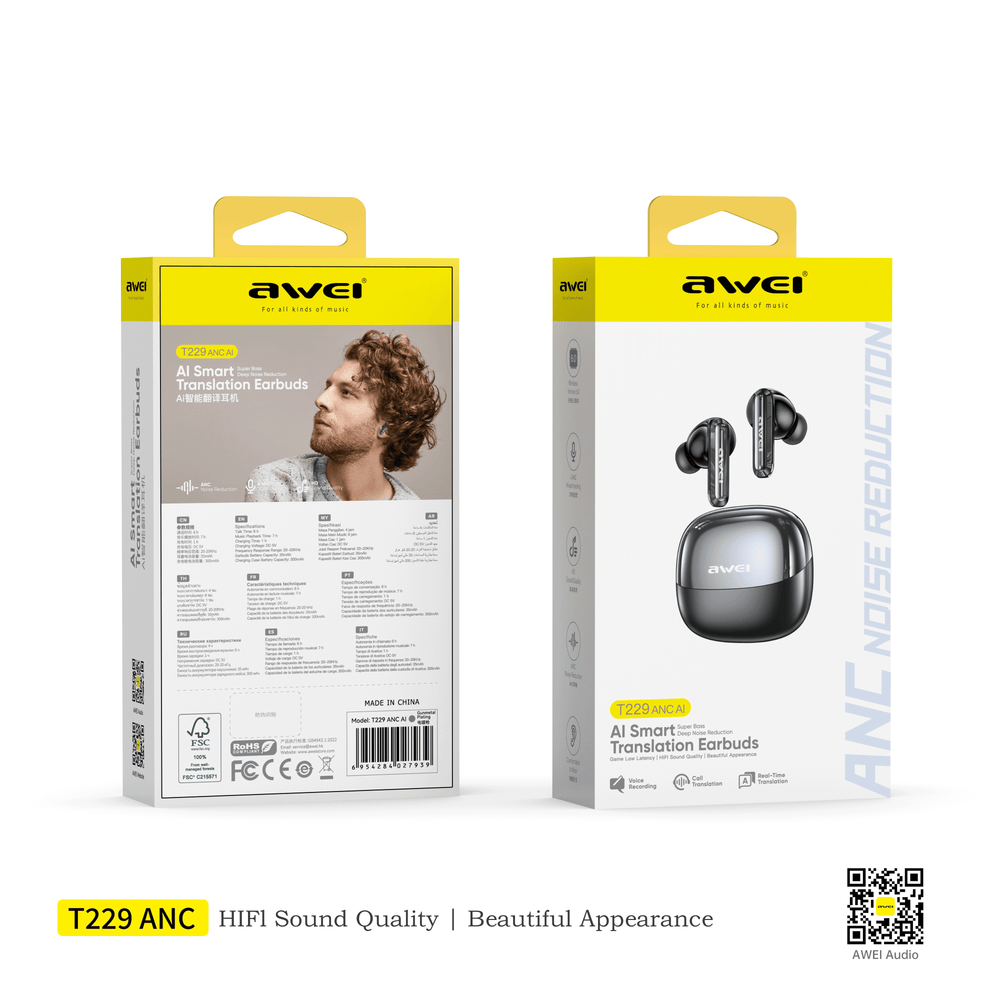 Fone de ouvido Bluetooth Awei T229 ANC com biblioteca de IA
