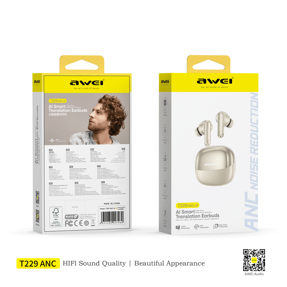 Fone de ouvido Bluetooth Awei T229 ANC com biblioteca de IA