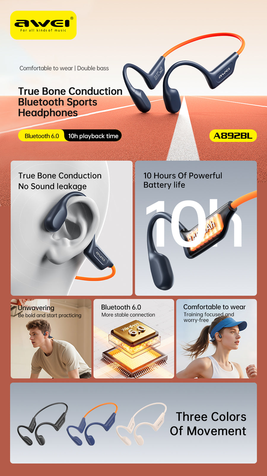 Fones de ouvido esportivos de condução óssea Awei A892BL (conforto com ouvido aberto, zero vazamento de som)