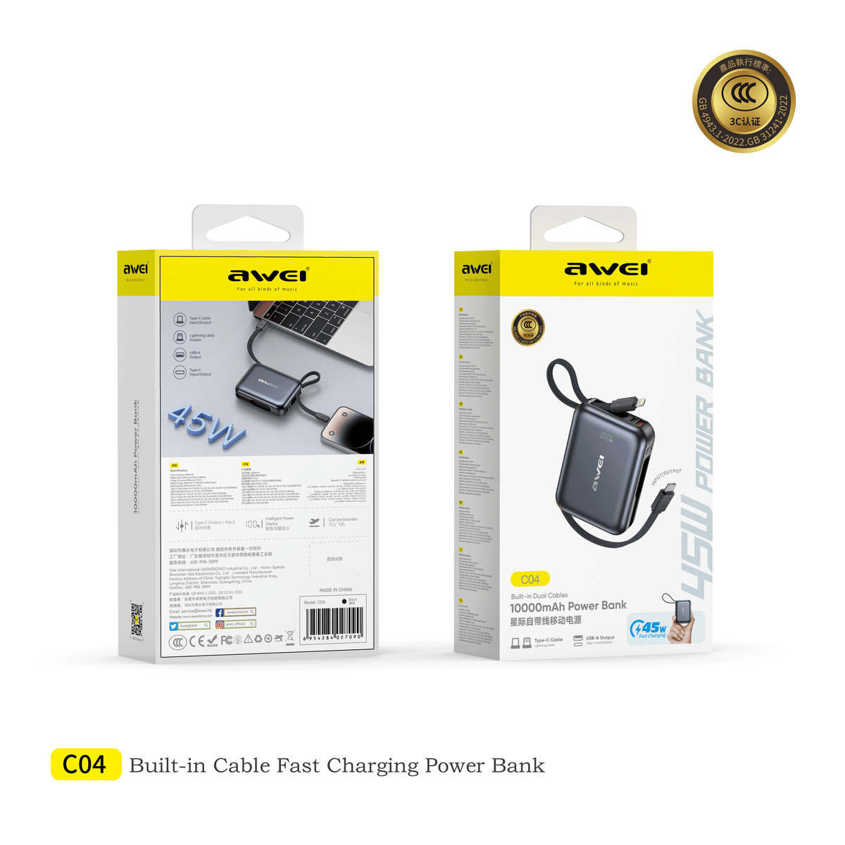 Power bank Awei C04 com carregamento incluso, 10000mAh