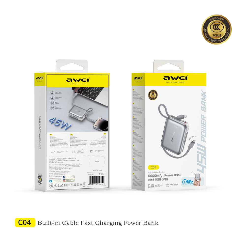 Power bank Awei C04 com carregamento incluso, 10000mAh