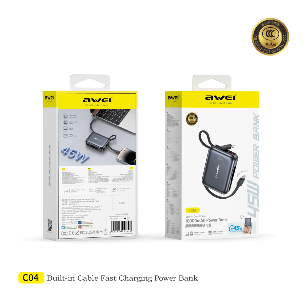 Power bank Awei C04 com carregamento incluso, 10000mAh