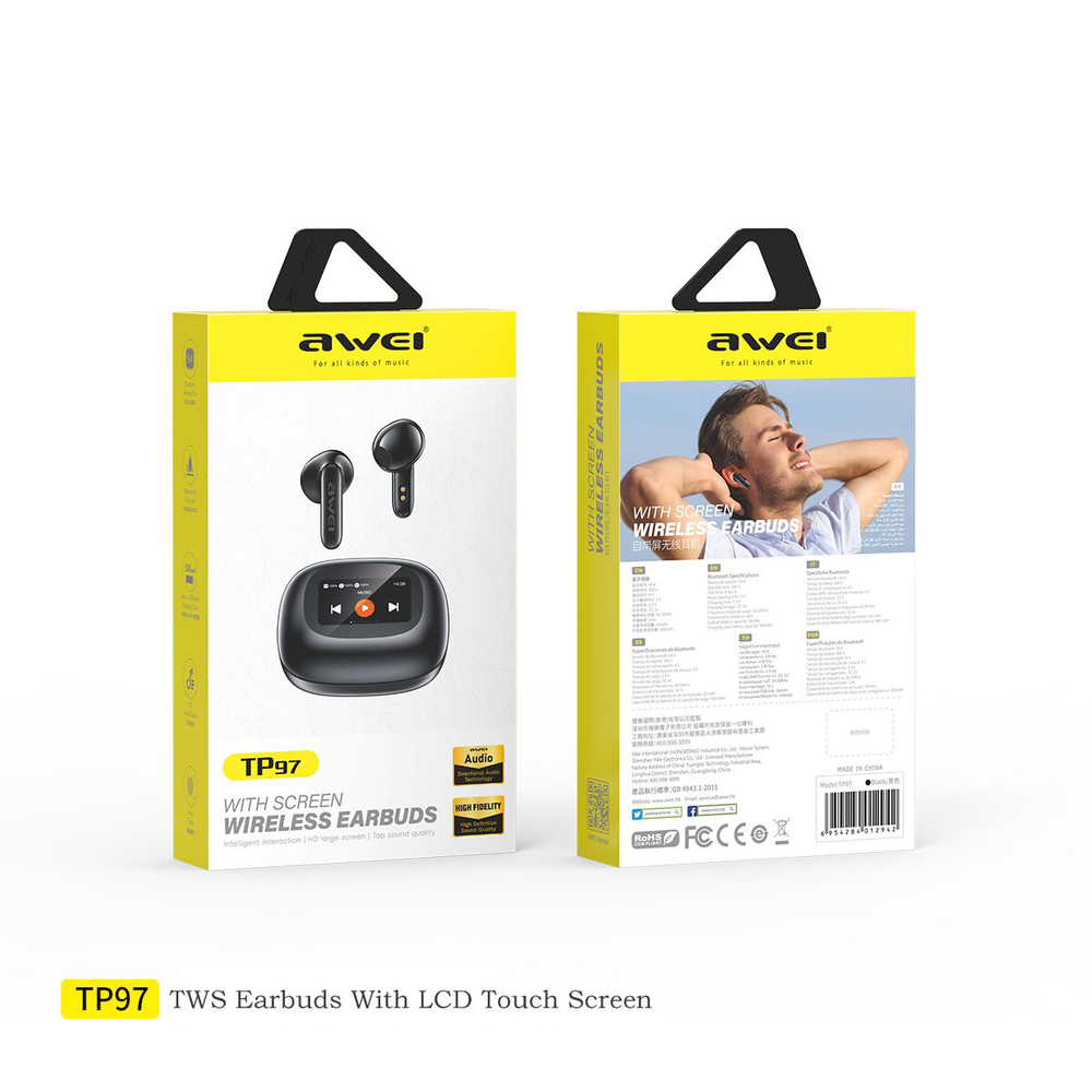 Fone de ouvido AWEI TP97 (tela sensível ao toque, áudio Hi-Fi sem perdas)