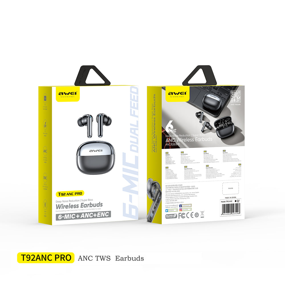 Fone de ouvido AWEI T92 ANC Pro (áudio de alta qualidade, cancelamento ativo de ruído, chamadas nítidas)
