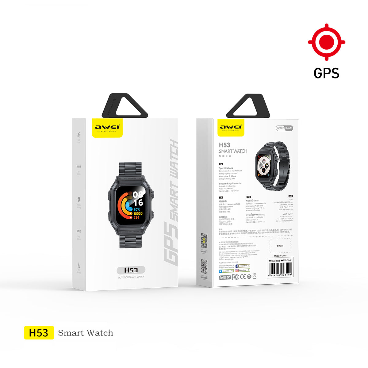 Smartwatch Awei H53 (esportes com GPS, frequência cardíaca)