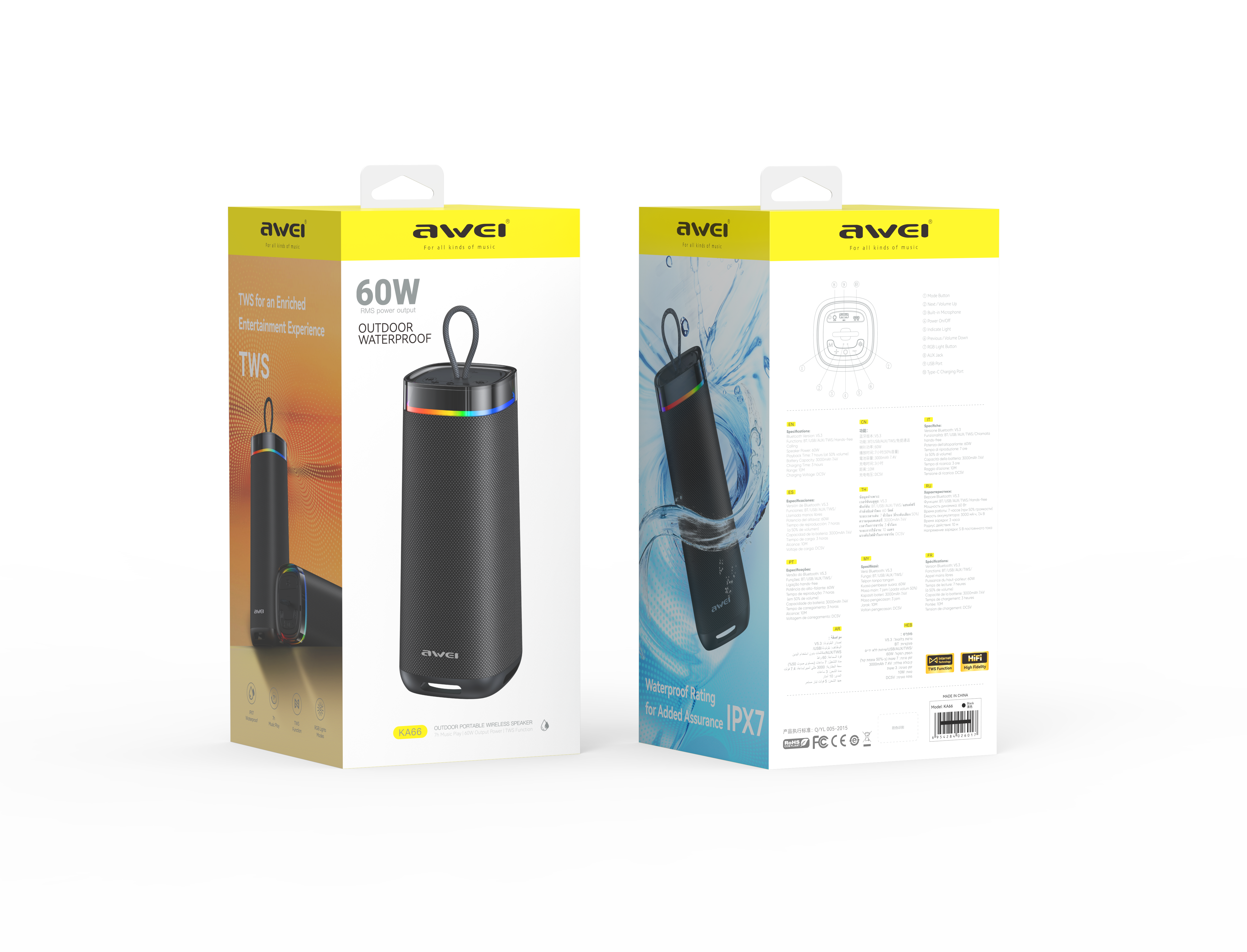 Caixa de som Awei KA66 (portátil para uso externo, som surround com dois drivers)