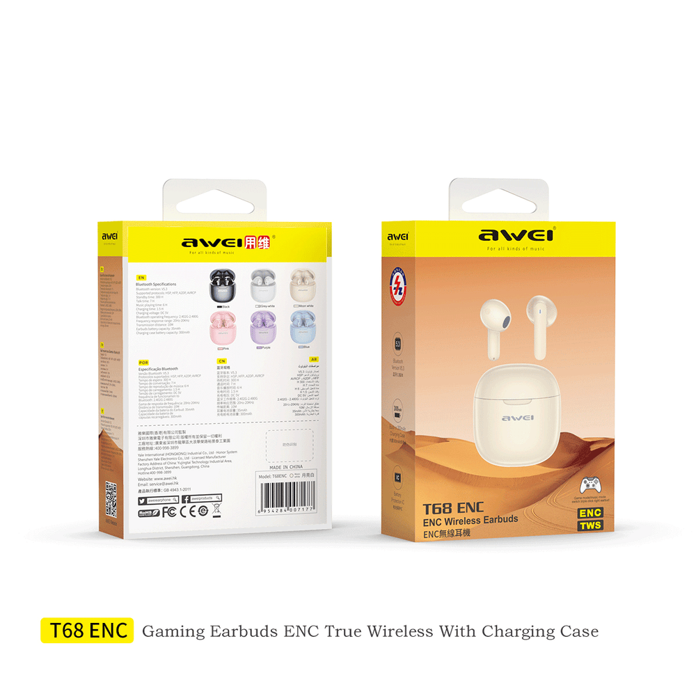 Fones de ouvido TWS estéreo Hi-Fi Awei T68ENC