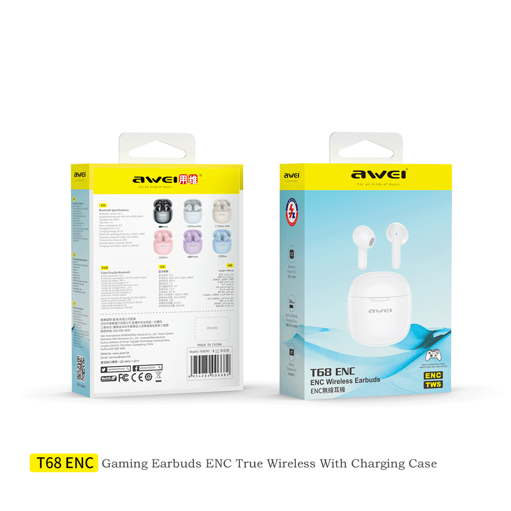 Fones de ouvido TWS estéreo Hi-Fi Awei T68ENC