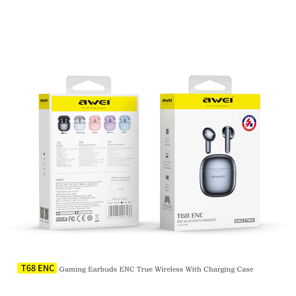Fones de ouvido TWS estéreo Hi-Fi Awei T68ENC
