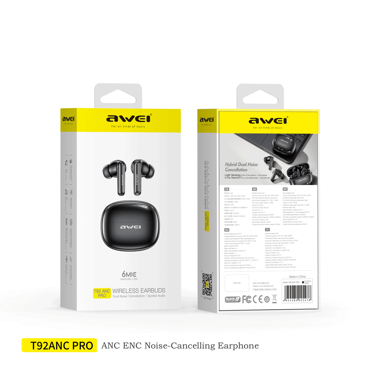 Fone de ouvido AWEI T92 ANC Pro (áudio de alta qualidade, cancelamento ativo de ruído, chamadas nítidas)