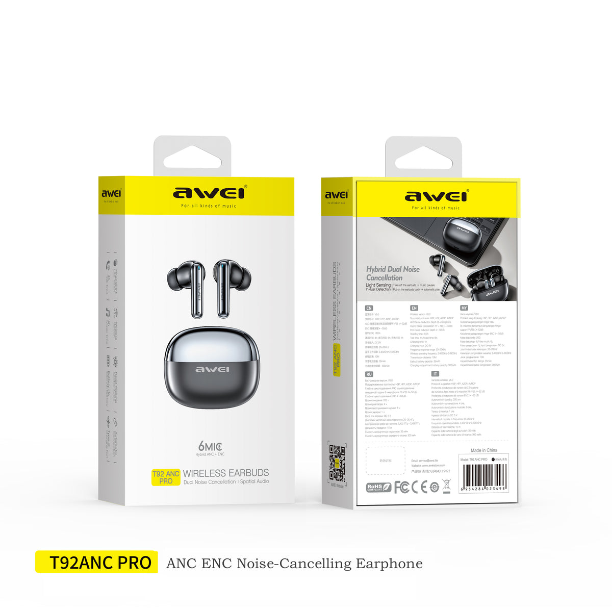 Fone de ouvido AWEI T92 ANC Pro (áudio de alta qualidade, cancelamento ativo de ruído, chamadas nítidas)