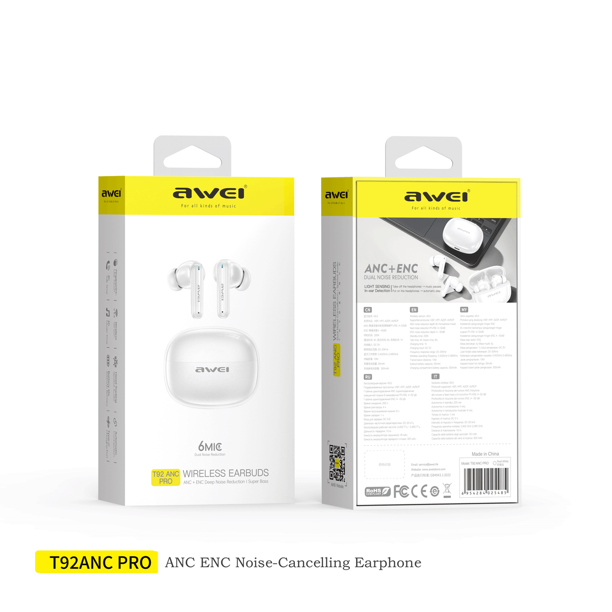 Fone de ouvido AWEI T92 ANC Pro (áudio de alta qualidade, cancelamento ativo de ruído, chamadas nítidas)