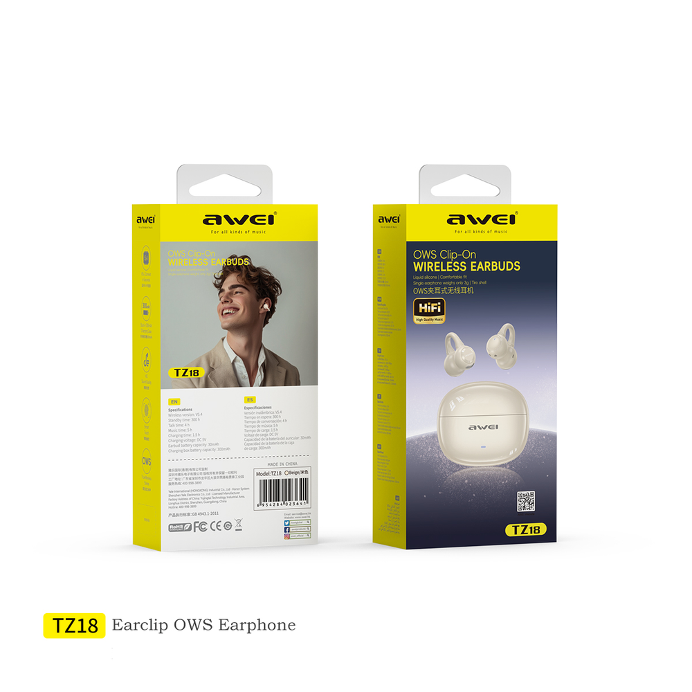 Fones de ouvido AWEI TZ18 (clipe auricular OWS aberto, bateria de longa duração)