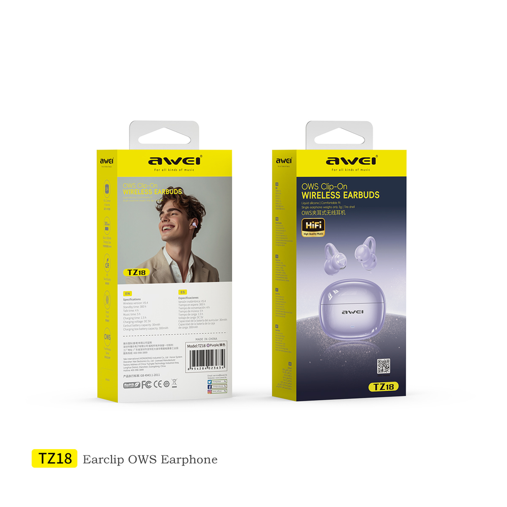 Fones de ouvido AWEI TZ18 (clipe auricular OWS aberto, bateria de longa duração)