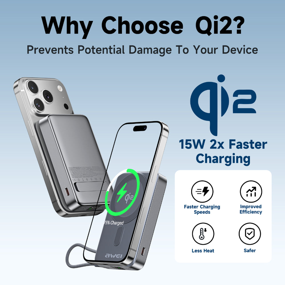 Power bank magnético Awei Qi2 de 35W e 10000mAh com MagX