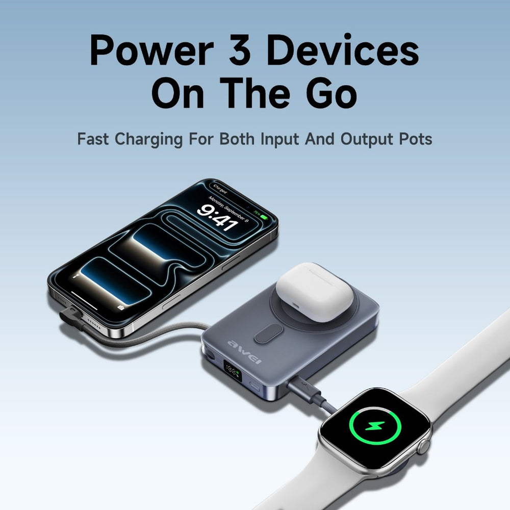 Power bank magnético Awei Qi2 de 35W e 10000mAh com MagX