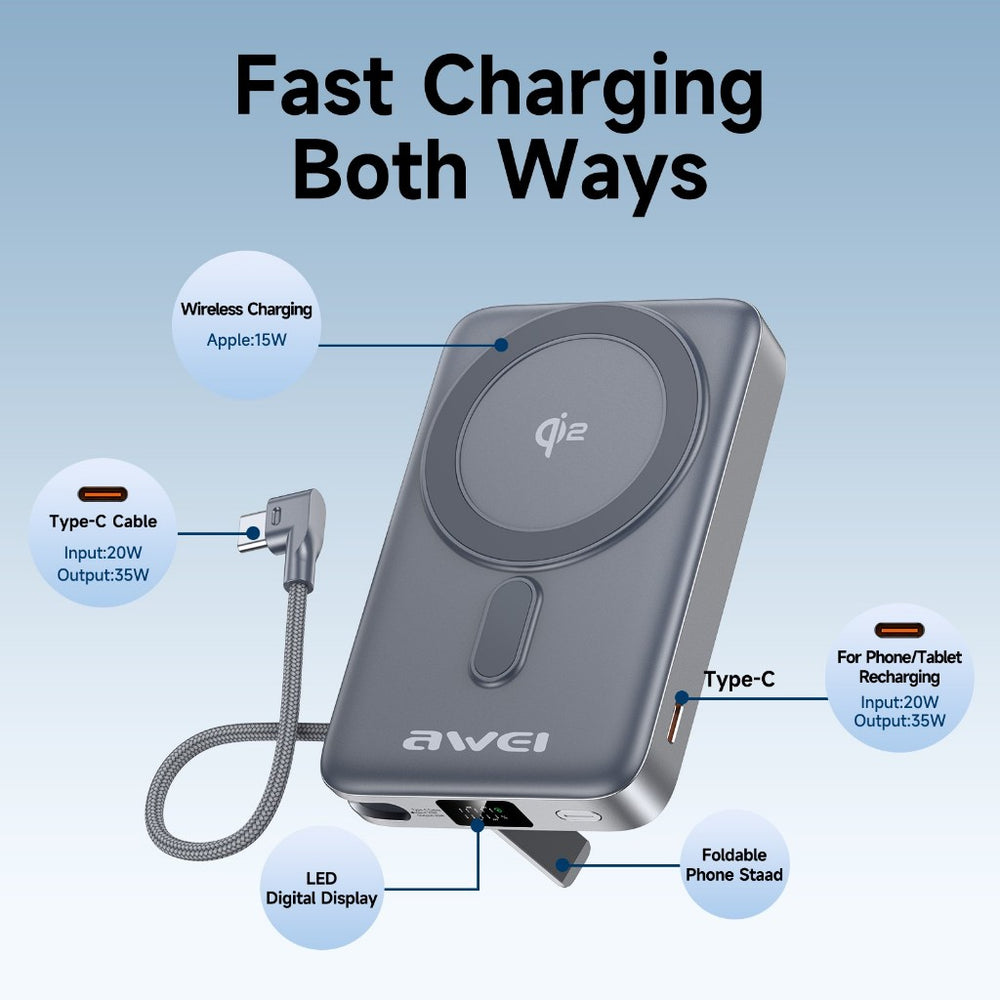 Power bank magnético Awei Qi2 de 35W e 10000mAh com MagX