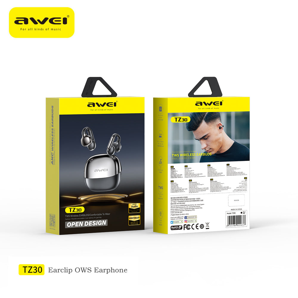Fones de ouvido AWEI TZ30 (design OWS, clipe auricular, ENC com 2 microfones)